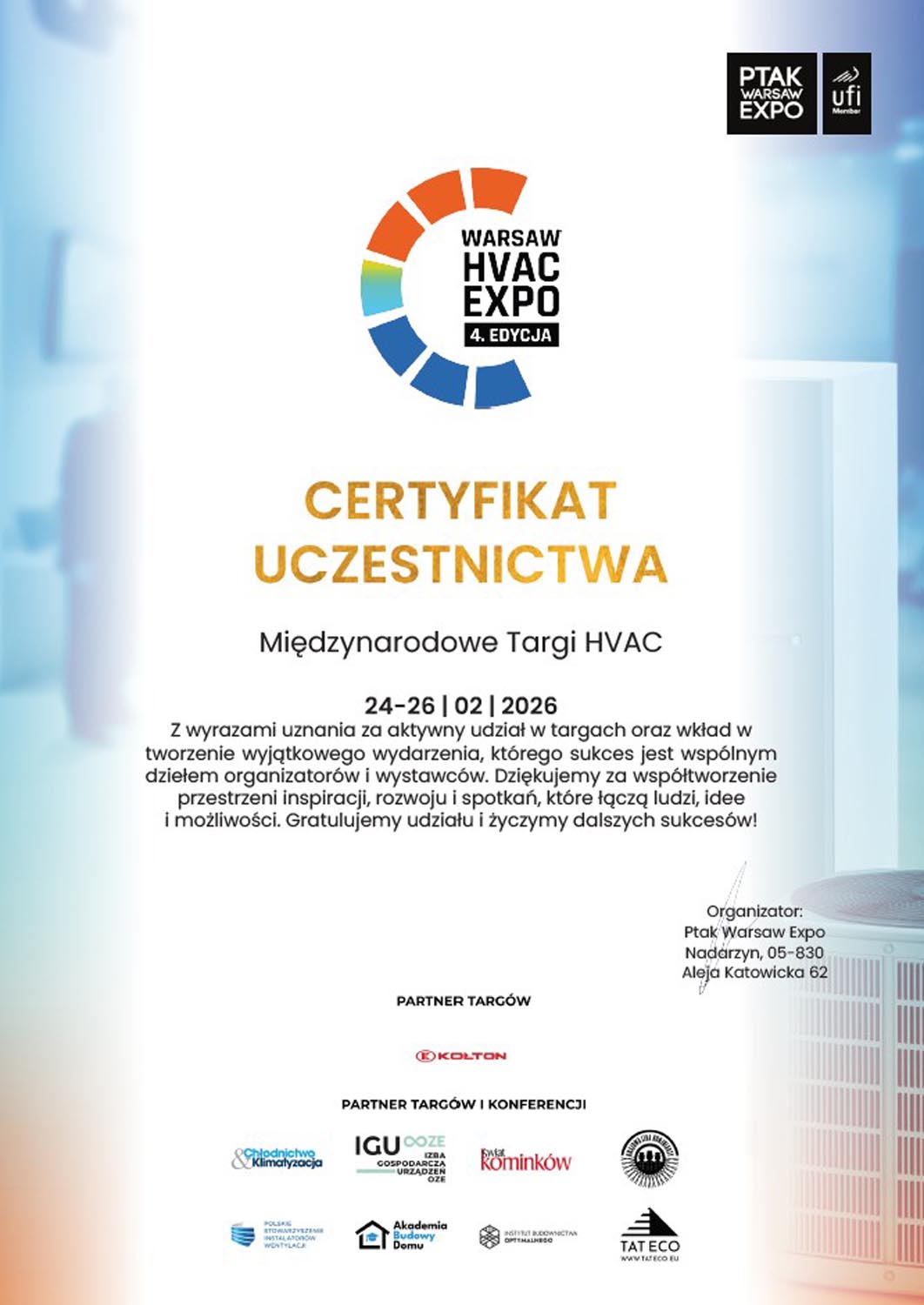 Certyfikat-targi techniki grzewczej Warsaw HVAC Expo 2026